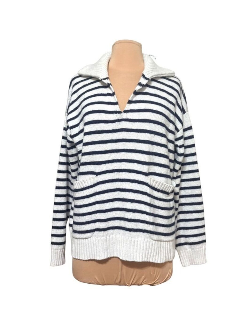 Knit Striped Sweater M Navy Blue Ecru Nordstrom Preppy Classic Summer